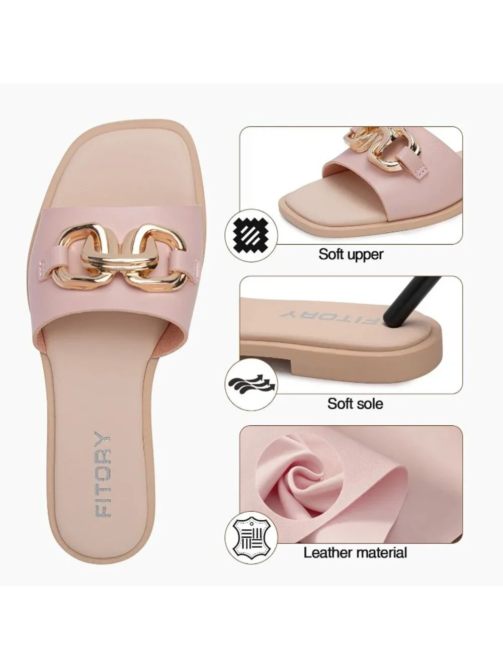 Women's Muted Pink Summer Fashion Slides With Soft Leather Slip on Flat Sandals
